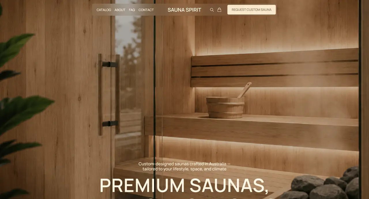 Секция «Первый экран» с сайта https://saunaspirit.com.au/, тематика — Другое, цвета — Серый, Коричневый, стиль — Минимализм, Органический и природный, типографика — Без засечек