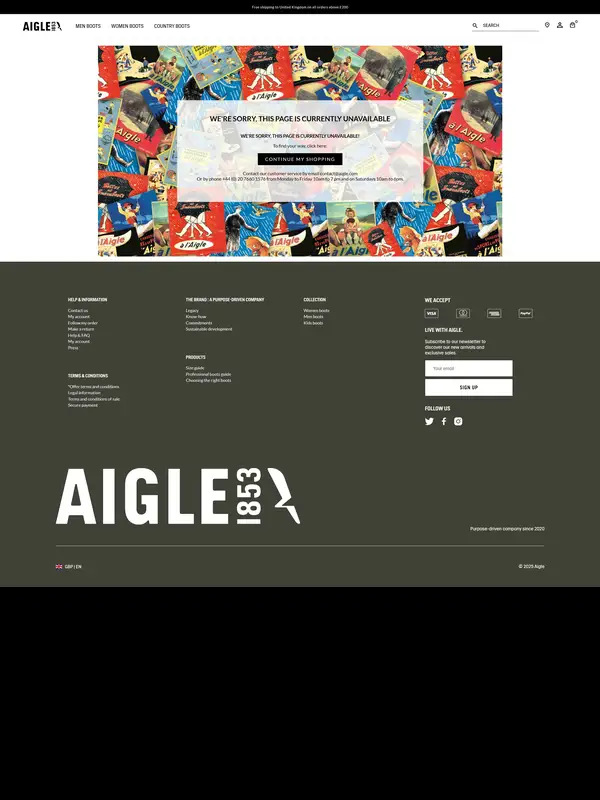 404-страница Aigle, тематика — Одежда, цвета — Белый, Черный, Серый, стиль — Корпоративный, Ретро, типографика — Без засечек, Декоративные