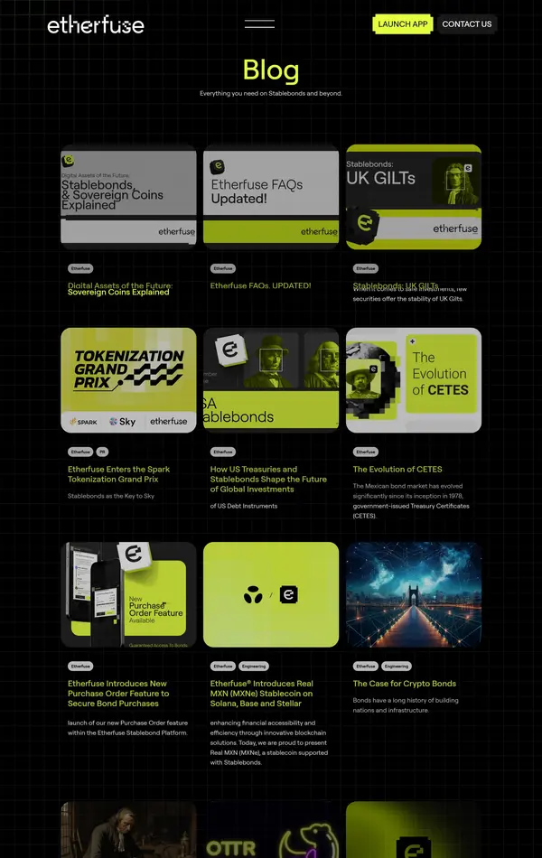 Блог Etherfuse, тематика — Крипто  и блокчейн, цвета — Черный, типографика — Без засечек