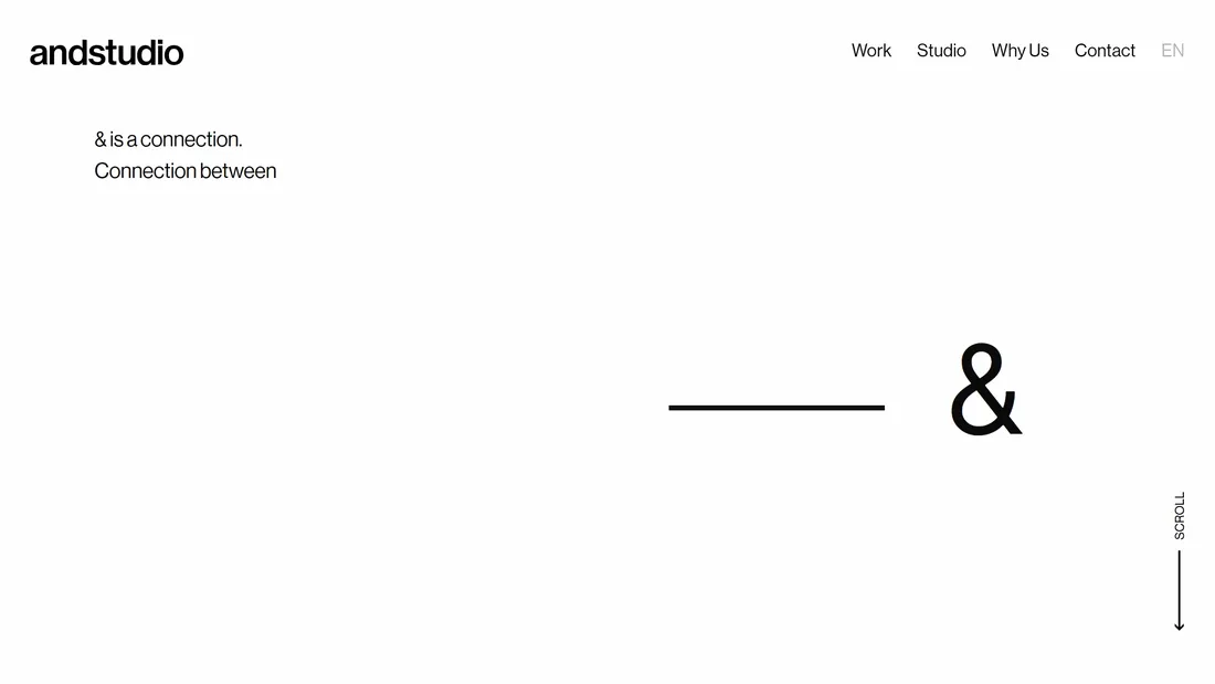 Секция «Первый экран» с сайта https://byandstudio.com/, тематика — Дизайн, цвета — Белый, стиль — Минимализм, типографика — Без засечек