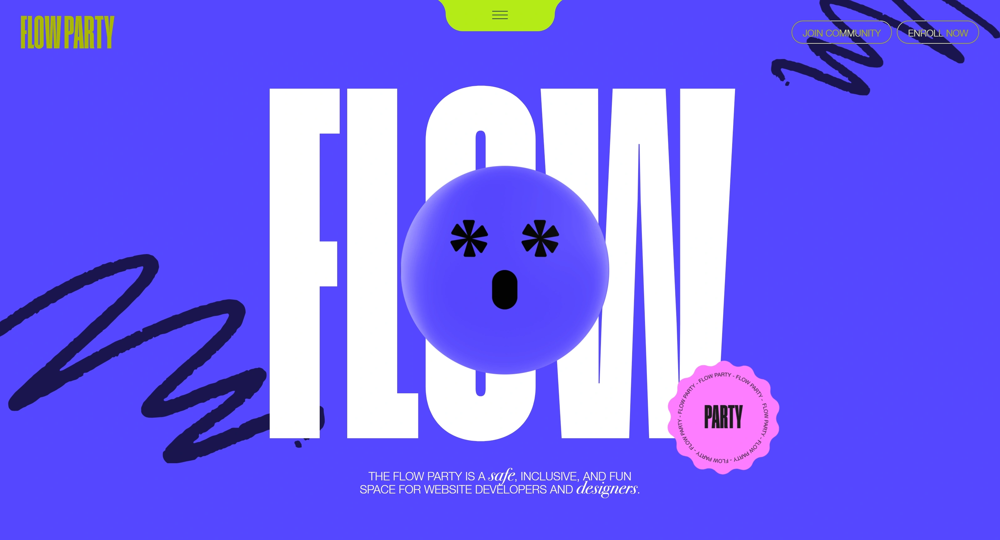 Flow Party Секция «Первый экран» с сайта https://www.joinflowparty.com/, тематика — Комьюнити, цвета — Белый, Фиолетовый, стиль — Типографика, Брутализм, типографика — Без засечек, Декоративные