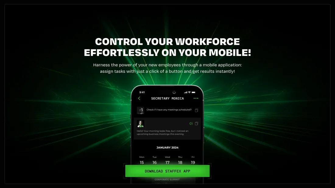 Секция «Призыв к действию» с сайта https://www.staffex-ai.com/index.html#mobile-app, тематика — IT и программное обеспечение, цвета — Черный, стиль — Минимализм, типографика — Без засечек