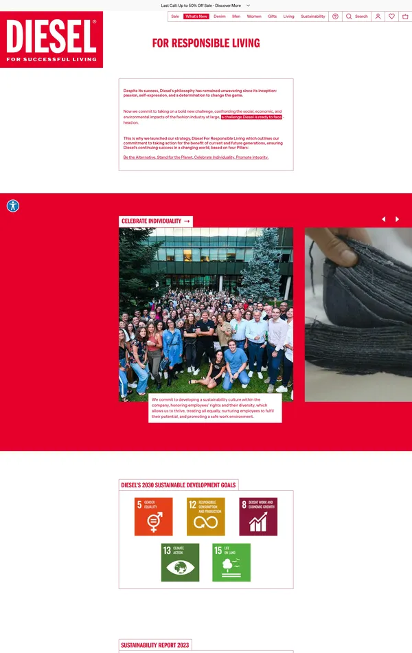 Страница о компании Diesel, тематика — Интернет-магазин, Одежда, цвета — Белый, Красный, стиль — Корпоративный, типографика — Без засечек