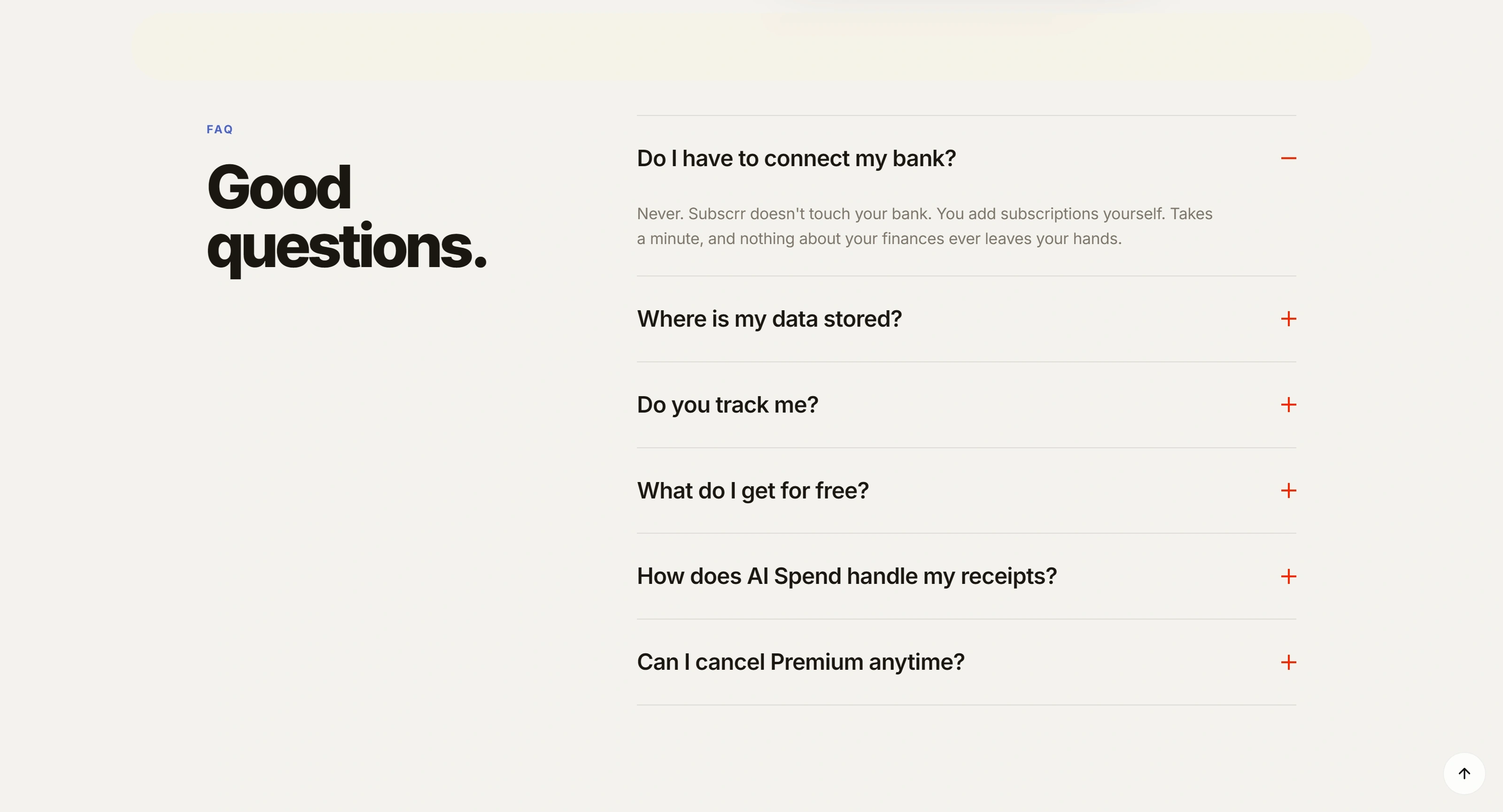 Subscrr Секция «FAQ» с сайта https://subscrr.app/, тематика — SaaS, цвета — Белый, стиль — Минимализм, типографика — Без засечек