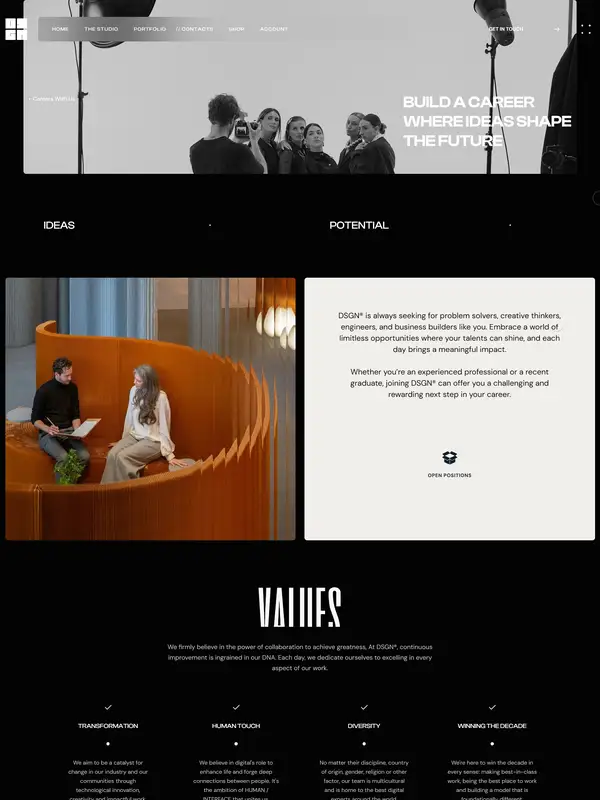 Страница карьеры DSGN Group, тематика — Дизайн, цвета — Белый, Черный, Серый, стиль — Корпоративный, Минимализм, типографика — Без засечек