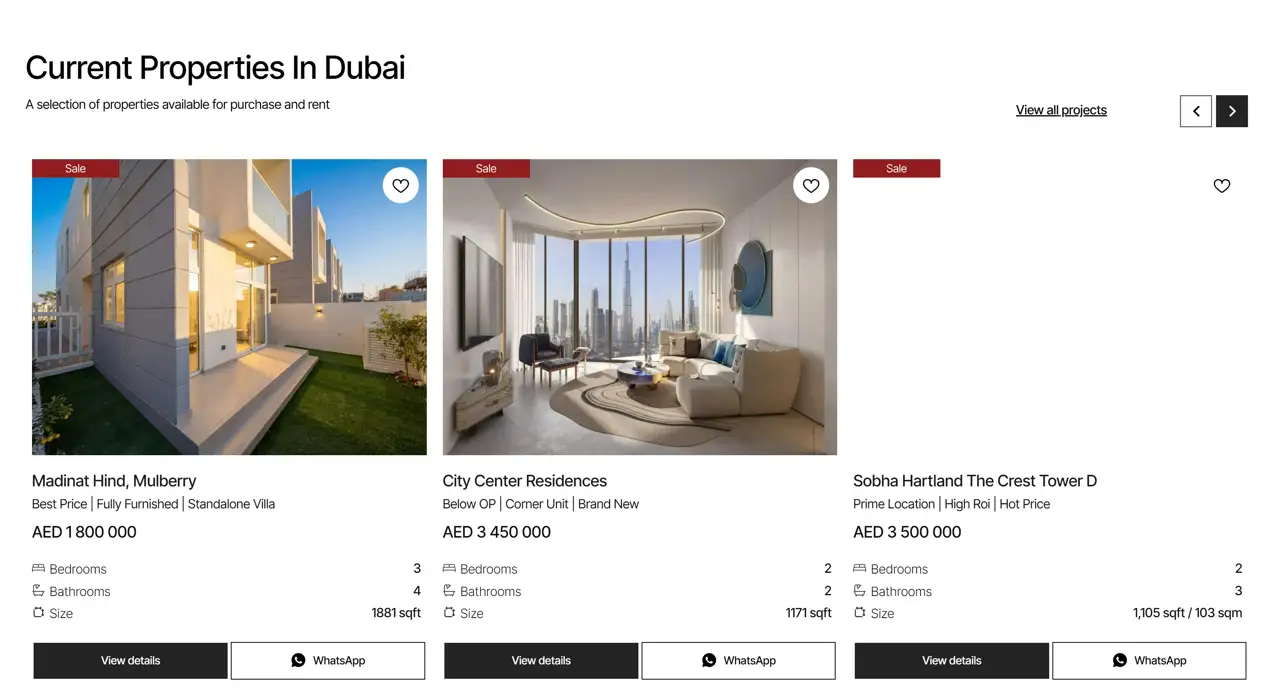 Секция «Товары» с сайта https://urbaniquerealestate.com/, тематика — Недвижимость, цвета — Белый, Серый, стиль — Карточный, Минимализм, типографика — Без засечек