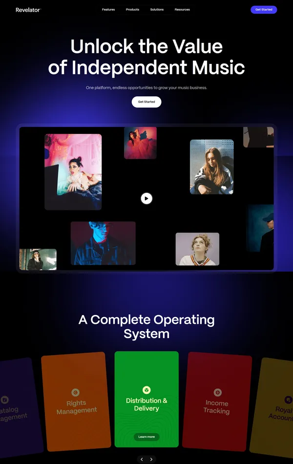 Продукт Revelator, тематика — IT и программное обеспечение, Музыка, цвета — Черный, стиль — Корпоративный, типографика — Без засечек