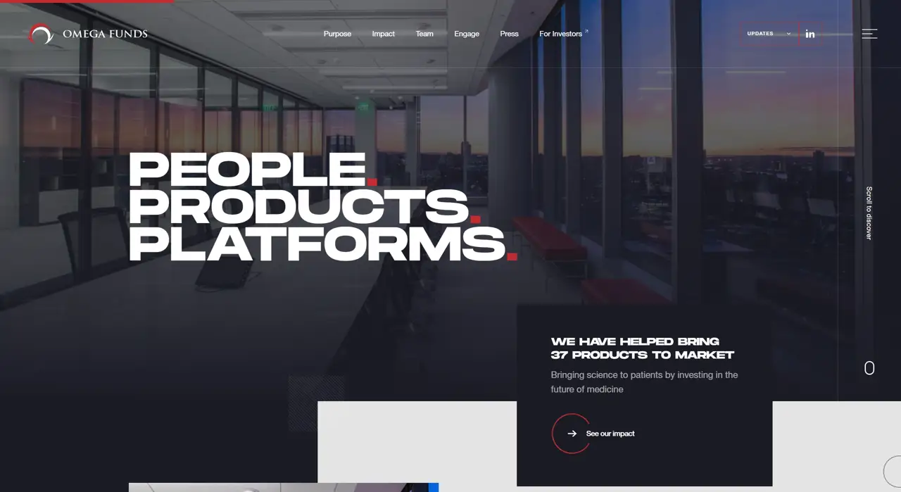 Секция «Первый экран» с сайта https://omegafunds.impression.studio/, тематика — Финансы, цвета — Черный, Серый, стиль — Корпоративный, Минимализм, типографика — Без засечек, Декоративные