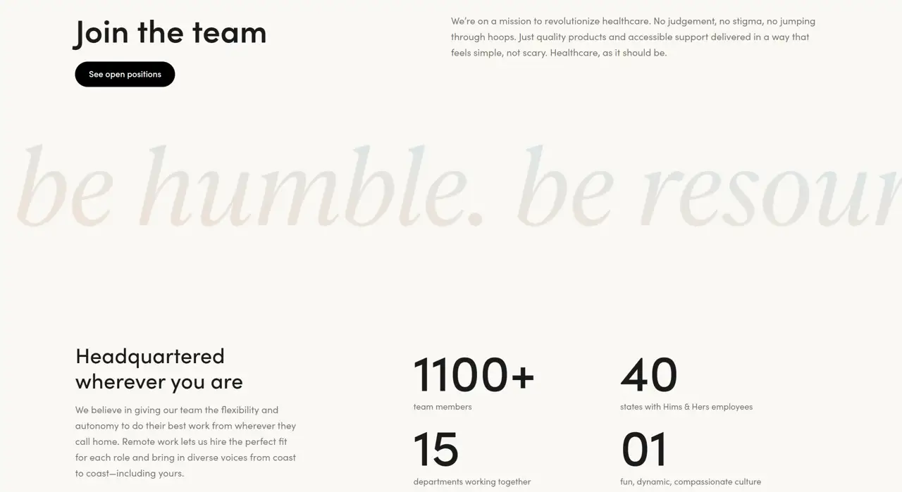 Секция «Команда» с сайта https://www.hims.com/, тематика — Здоровье и фитнес, цвета — Белый, стиль — Корпоративный, Минимализм, типографика — Без засечек