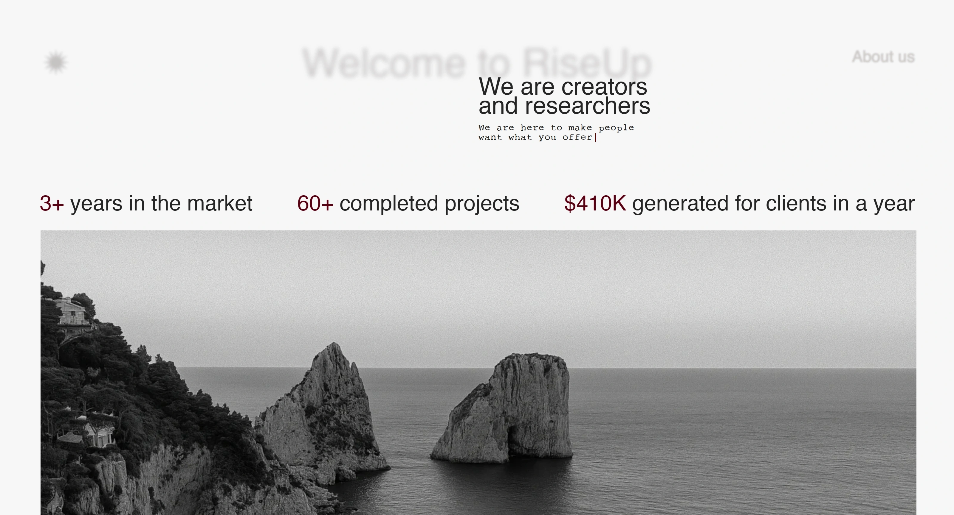 RISEUP AGENCY Секция «Первый экран» с сайта https://studio-riseup.com/, тематика — Агентство , цвета — Белый, Черный, Серый, стиль — Корпоративный, Минимализм, типографика — Без засечек