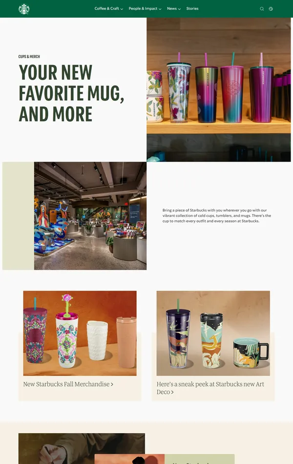 Многостраничный сайт Starbucks, тематика — Розничная торговля, Еда и напитки, цвета — Белый, Серый, Коричневый, стиль — Корпоративный, типографика — Без засечек