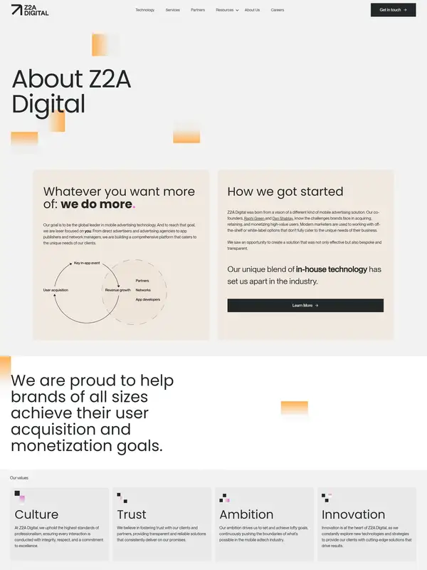 Страница о компании Z2A Digital, тематика — Агентство , цвета — Белый, стиль — Корпоративный, Карточный, Минимализм, типографика — Без засечек