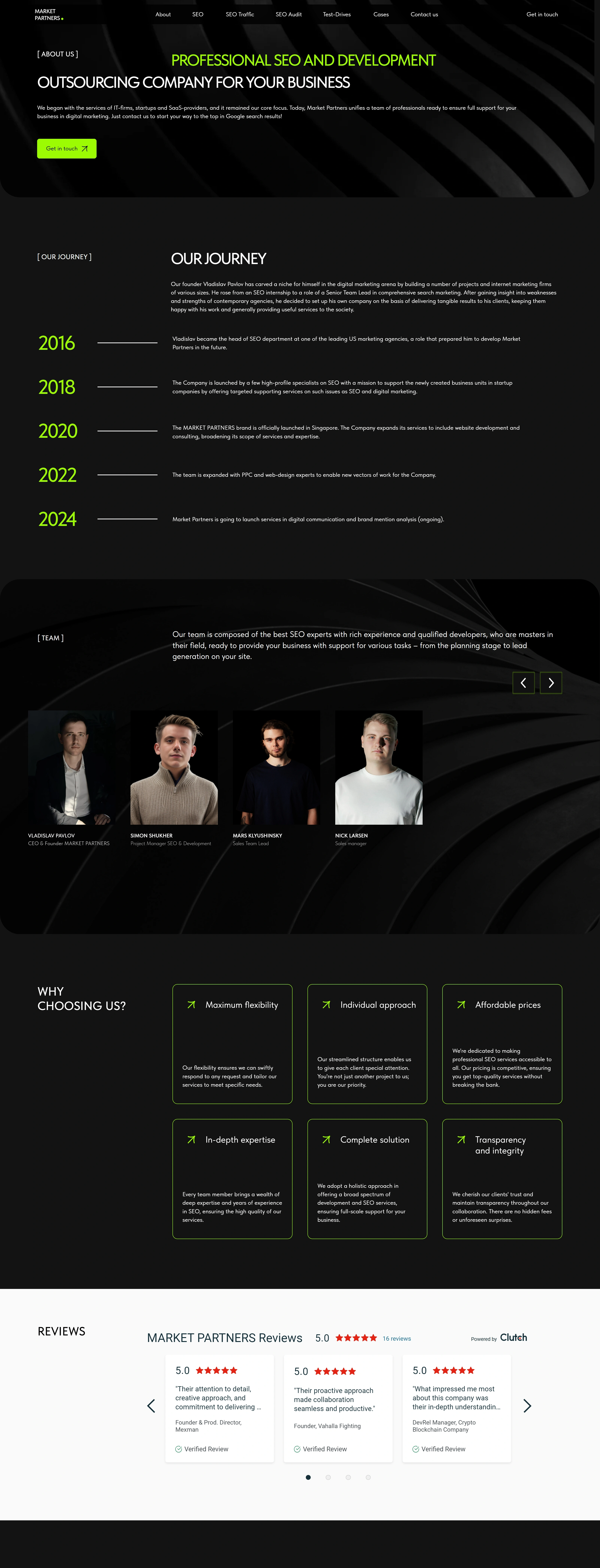 Market Partners Страница о компании Market Partners, тематика — HR, цвета — Черный, стиль — Корпоративный, Минимализм, типографика — Без засечек, Декоративные