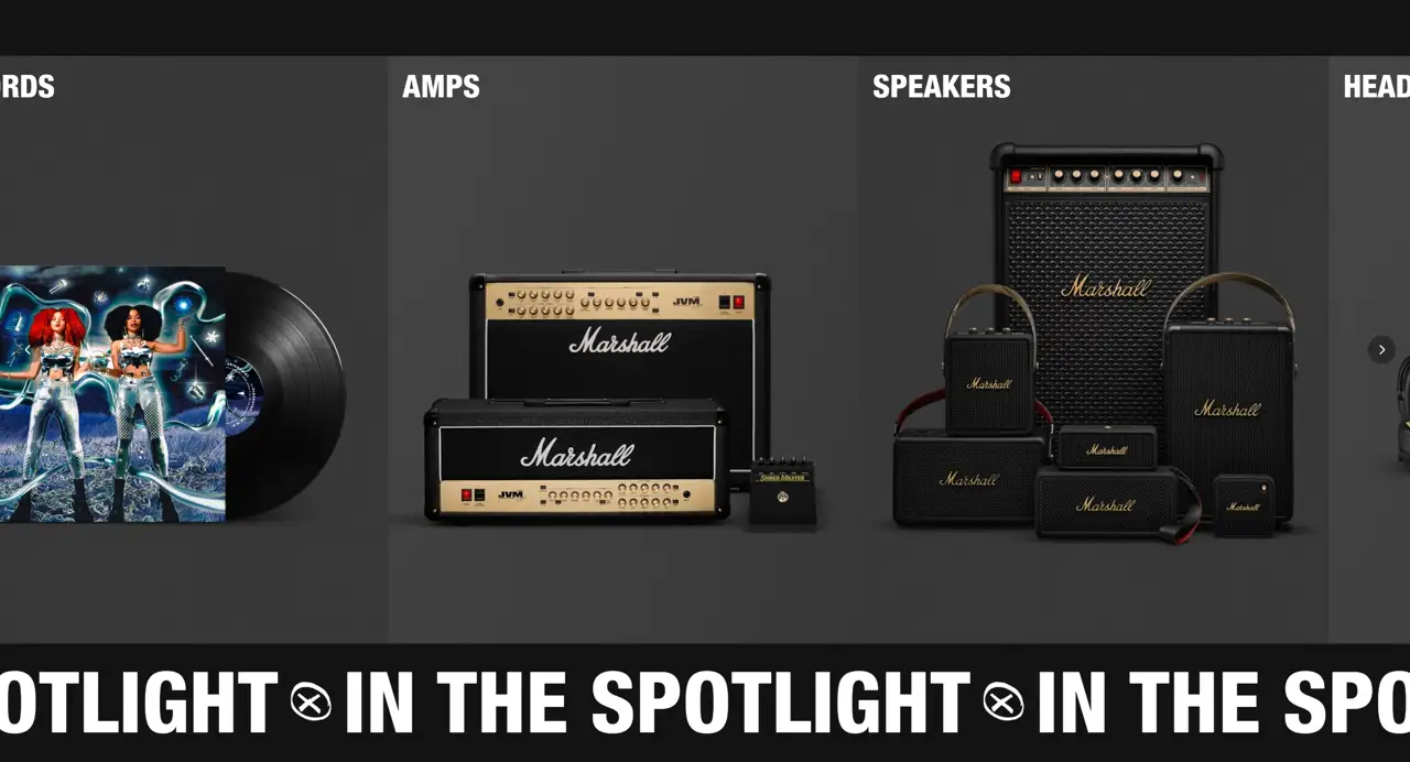 Секция «Товары» с сайта https://www.marshall.com/vn/en, тематика — Музыка, цвета — Черный, Серый, стиль — Классический, Минимализм, типографика — Без засечек, Декоративные