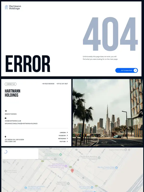 404-страница Hartmann Holdings, тематика — Другое, цвета — Белый, Серый, стиль — Корпоративный, Минимализм, типографика — Без засечек, Декоративные