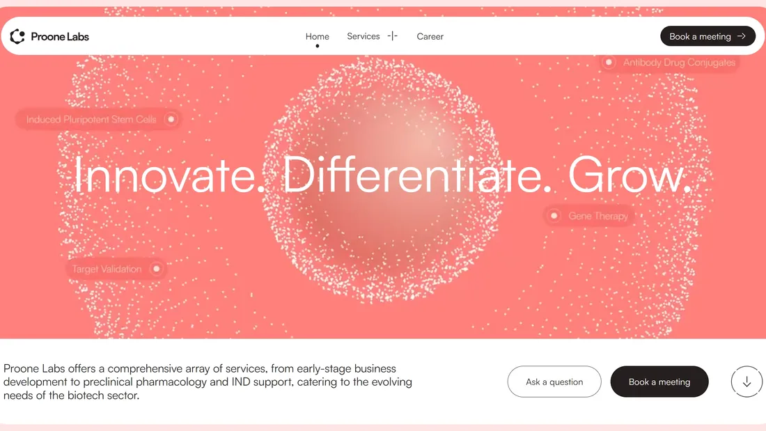 Секция «Первый экран» с сайта https://www.proonelabs.com/, тематика — Бизнес и профессиональные услуги, цвета — Белый, Розовый, стиль — Корпоративный, Минимализм, типографика — Без засечек