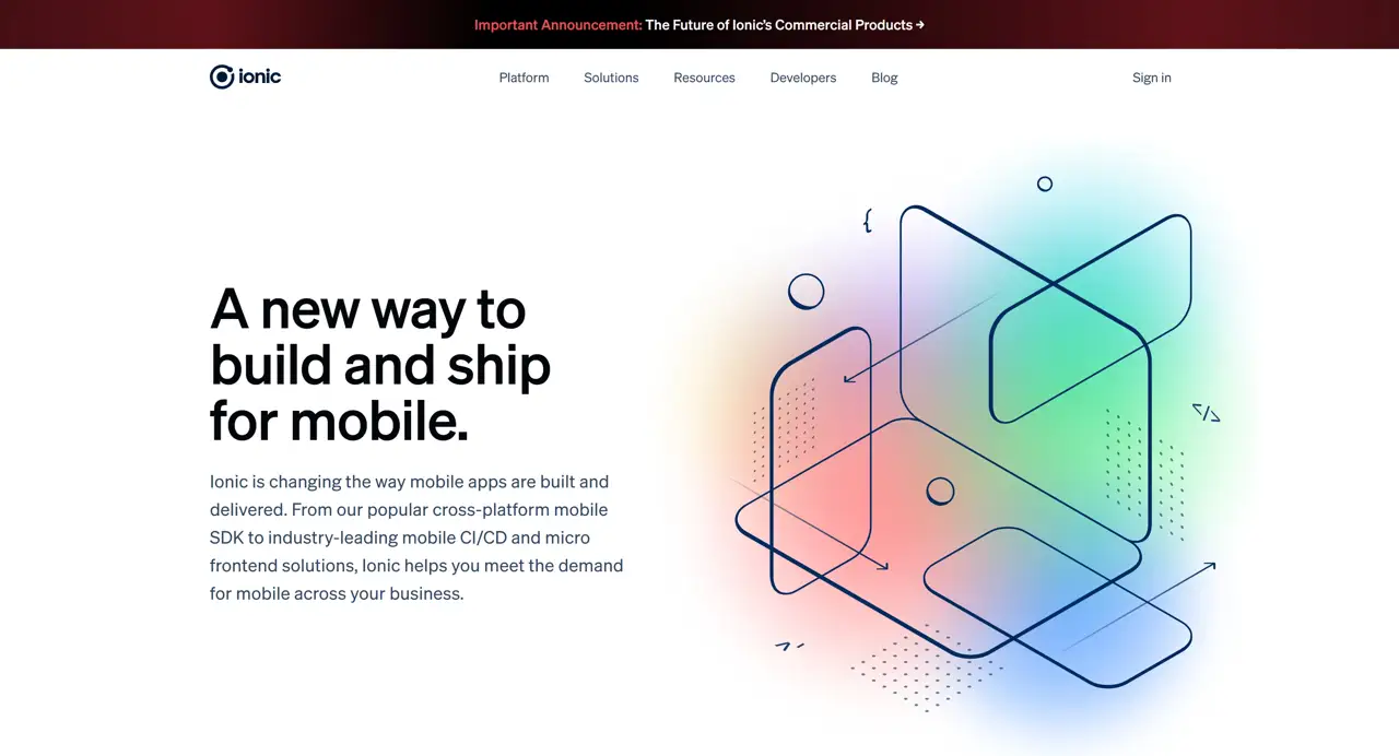 Секция «Первый экран» с сайта https://ionic.io/, тематика — Мобильное приложение, цвета — Белый, Черный, Серый, стиль — Корпоративный, Минимализм, типографика — Без засечек