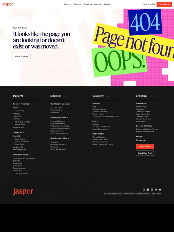 404-страница Jasper, тематика — SaaS, цвета — Белый, Черный, стиль — Корпоративный, Брутализм, типографика — Без засечек, Декоративные