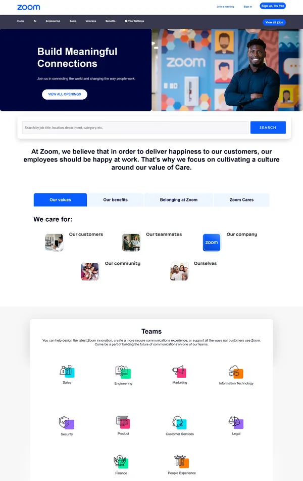 Страница карьеры Zoom, тематика — IT и программное обеспечение, SaaS, цвета — Белый, стиль — Корпоративный, типографика — Без засечек