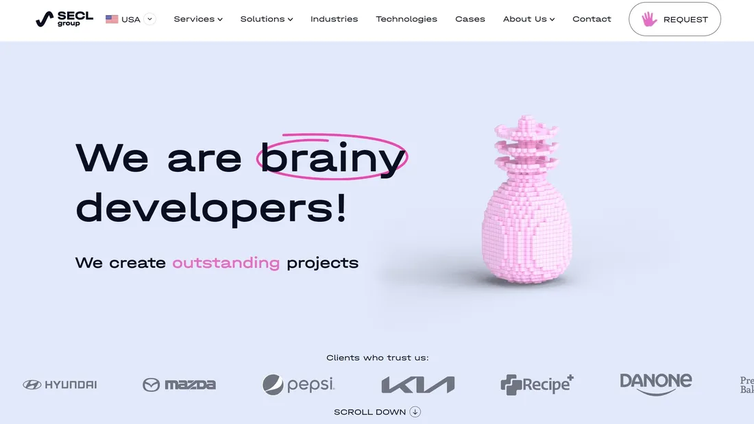 Секция «Первый экран» с сайта https://seclgroup.com/, тематика — IT и программное обеспечение, цвета — Белый, стиль — Корпоративный, Минимализм, Полигональный, типографика — Без засечек