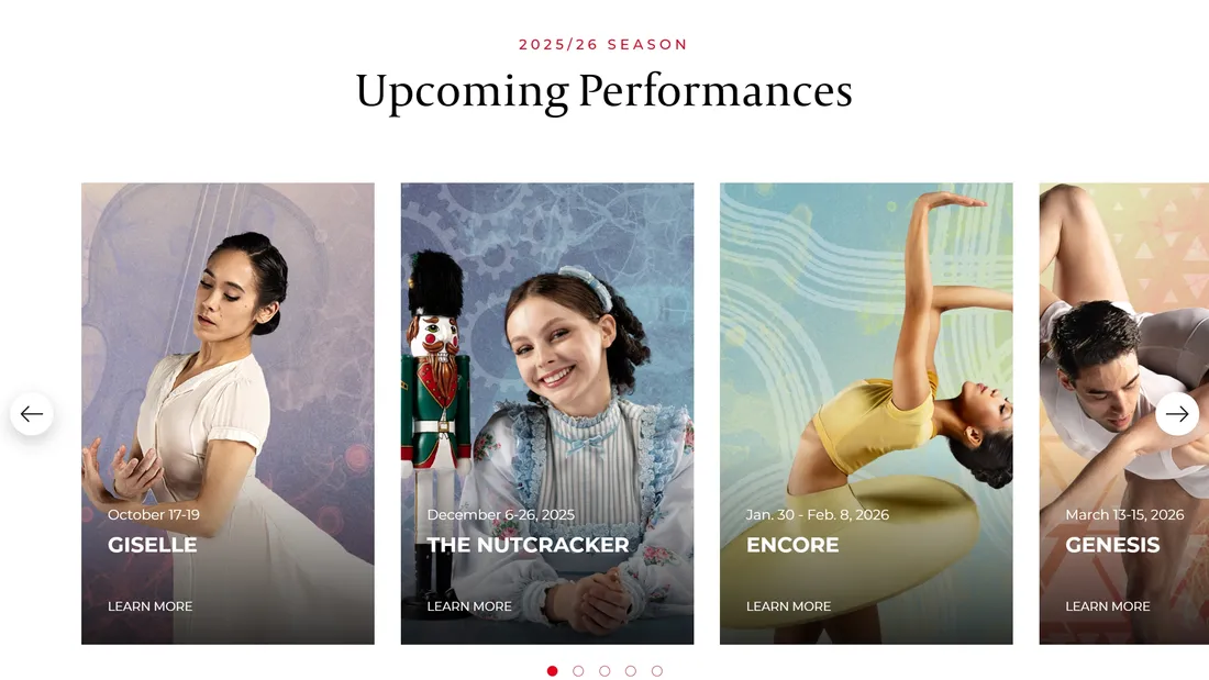 Секция «Расписание» с сайта https://milwaukeeballet.org/, тематика — Искусство, цвета — Белый, Серый, стиль — Классический, типографика — Без засечек