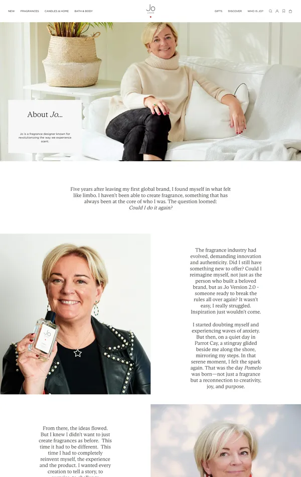 Страница о компании Jo Loves, тематика — Интернет-магазин, Красота, цвета — Белый, Серый, стиль — Корпоративный, Минимализм, типографика — Без засечек