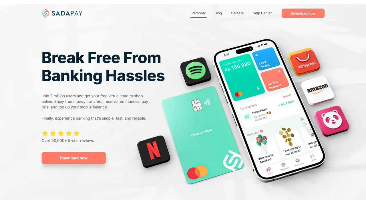 Секция «Первый экран» с сайта https://sadapay.pk/, тематика — Финансы, цвета — Белый, Серый, стиль — Корпоративный, Карточный, Минимализм, типографика — Без засечек