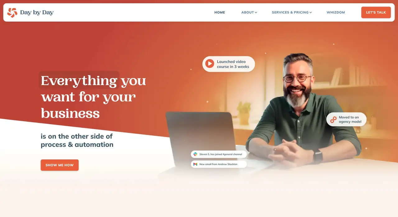 Секция «Первый экран» с сайта https://www.day-by-day.biz/, тематика — SaaS, цвета — Белый, Серый, Красный, стиль — Плоский, Корпоративный, типографика — Без засечек