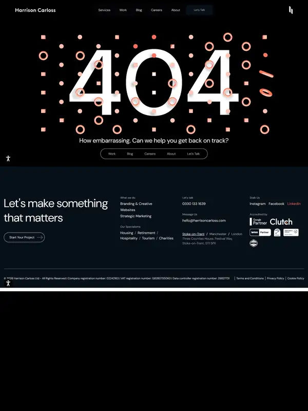 404-страница Harrison Carlos, тематика — Другое, цвета — Черный, стиль — Корпоративный, Минимализм, типографика — Без засечек, Декоративные