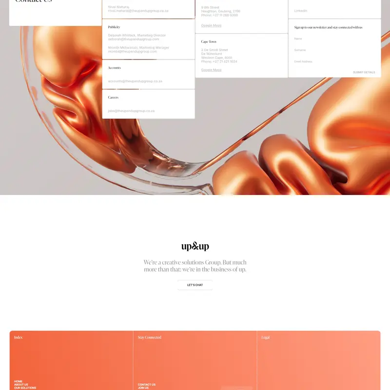 Секция «Контакты» с сайта https://www.theupandupgroup.com/, тематика — Агентство , цвета — Белый, Красный, Розовый, стиль — Минимализм, типографика — Без засечек
