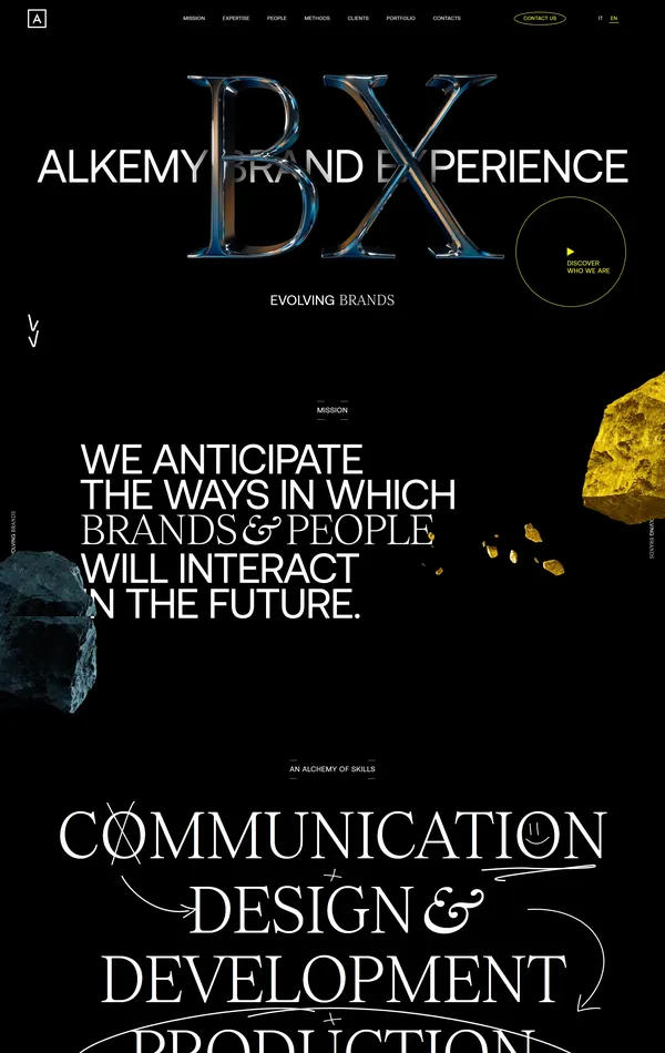 Лендинг Alkemy Brand Experience, тематика — Агентство , цвета — Черный, стиль — Фестивальный, Типографика, Полигональный, типографика — С засечками, Без засечек, Декоративные