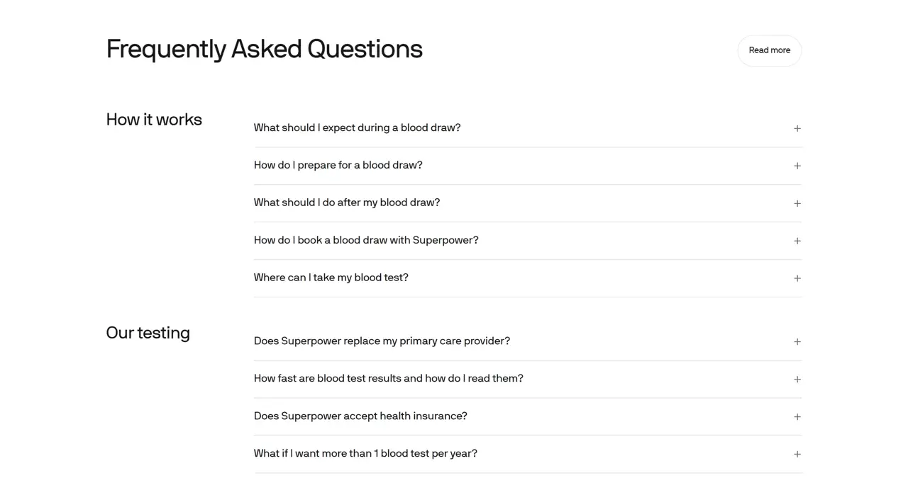 Секция «FAQ» с сайта https://superpower.com/, тематика — Здоровье и фитнес, цвета — Белый, стиль — Минимализм, типографика — Без засечек
