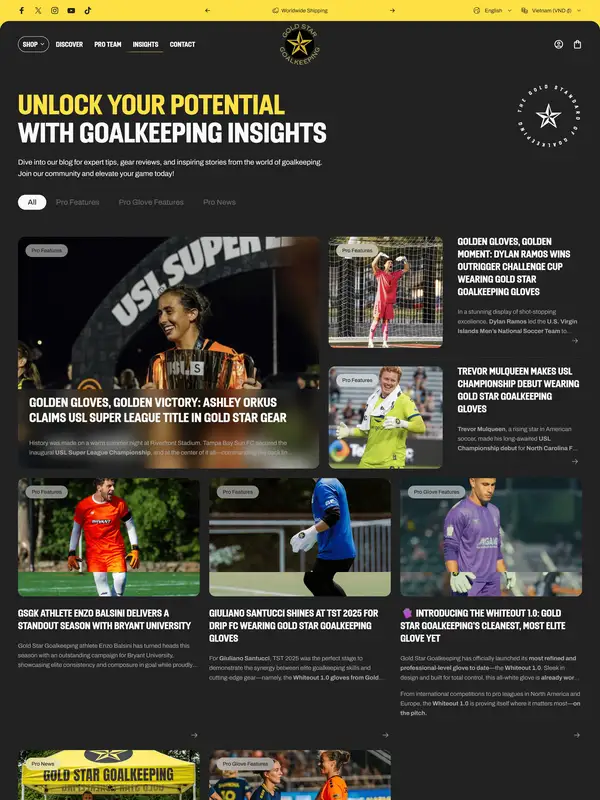 Блог Gold Star Goalkeeping, тематика — Интернет-магазин, цвета — Черный, Серый, Желтый, стиль — Корпоративный, Карточный, типографика — Без засечек, Декоративные