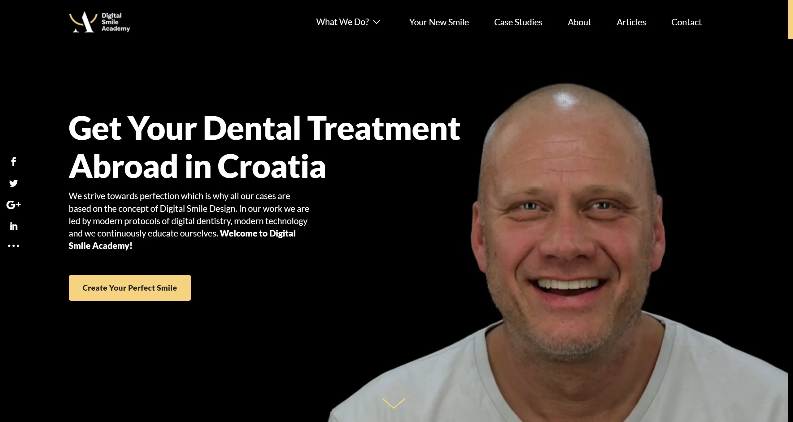 Digital Smile Academy Секция «Первый экран» с сайта https://dsa.clinic/, тематика — Здоровье и фитнес, цвета — Черный, Серый, стиль — Корпоративный, Минимализм, типографика — Без засечек