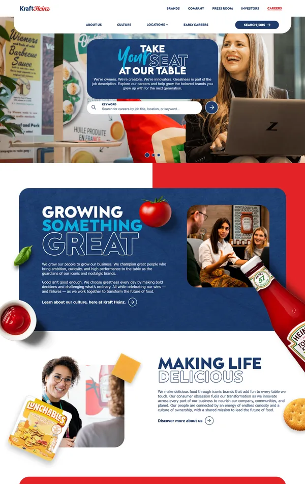 Страница карьеры Kraft Heinz, тематика — Еда и напитки, цвета — Белый, Черный, Серый, Красный, стиль — Корпоративный, типографика — Без засечек
