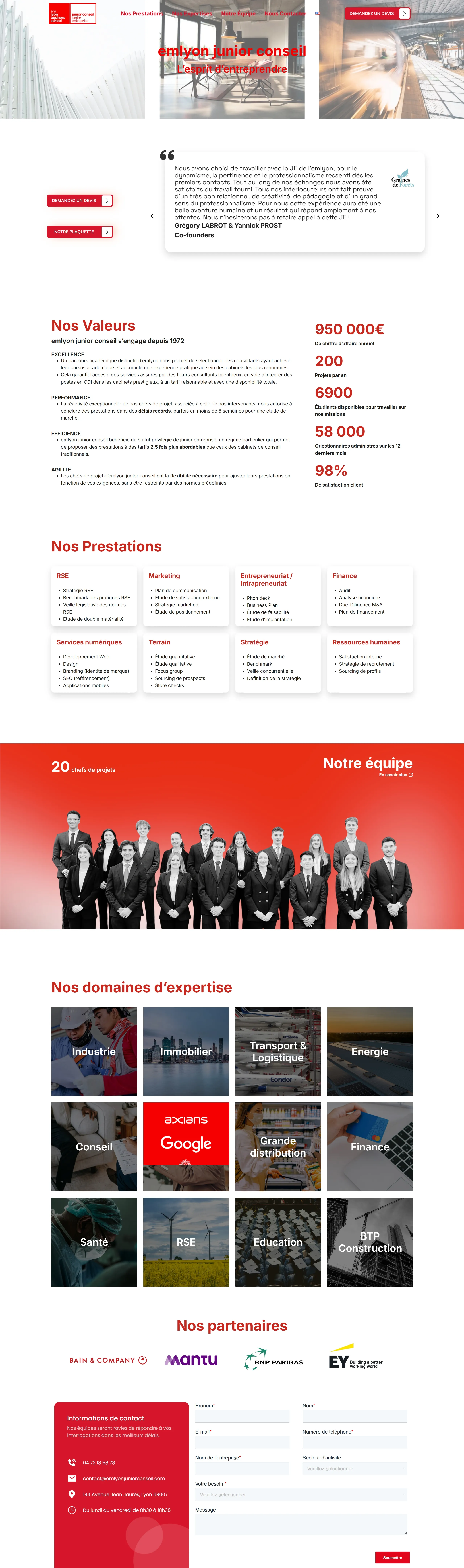 Главная Emlyon Junior Conseil, тематика — Путешествия и туризм, цвета — Белый, Серый, стиль — Корпоративный, типографика — Без засечек