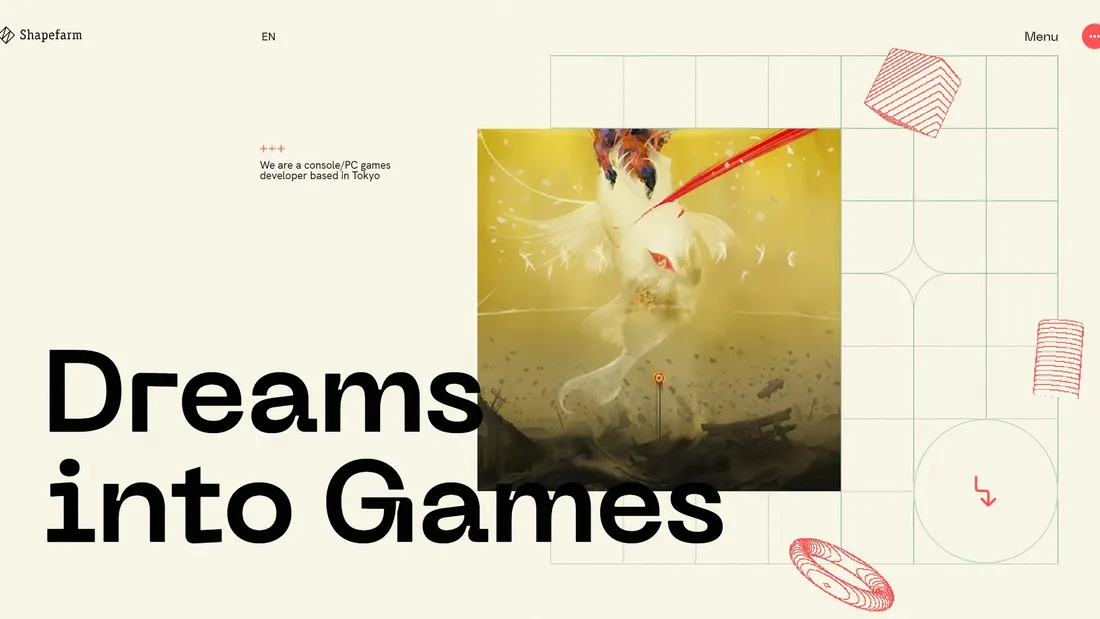 Секция «Первый экран» с сайта https://shapefarm.net/, тематика — Развлечения, цвета — Белый, Серый, стиль — Минимализм, Типографика, типографика — Без засечек