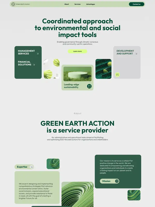 Лендинг Green Earth Action, тематика — Некоммерческая деятельность, цвета — Белый, Серый, стиль — Корпоративный, Органический и природный, типографика — Без засечек