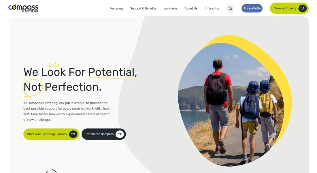 Секция «Призыв к действию» с сайта https://www.compassfostering.com/, тематика — Некоммерческая деятельность, цвета — Белый, Серый, стиль — Корпоративный, Минимализм, типографика — Без засечек