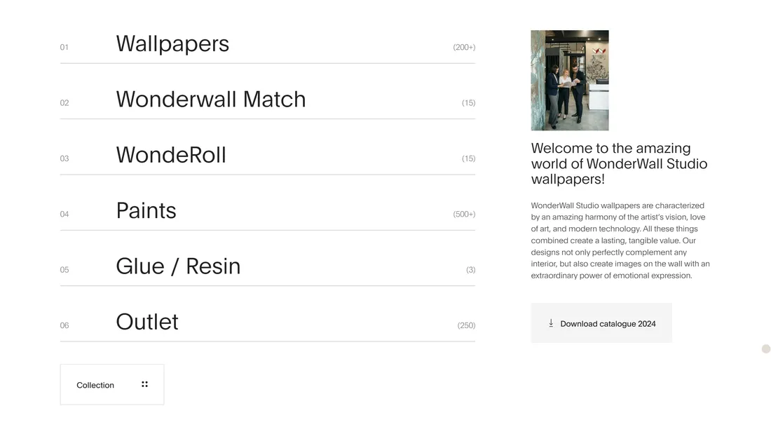 Секция «О продукте» с сайта https://wonderwall-studio.pl/?lang=en, тематика — Дизайн, цвета — Белый, стиль — Минимализм, типографика — Без засечек