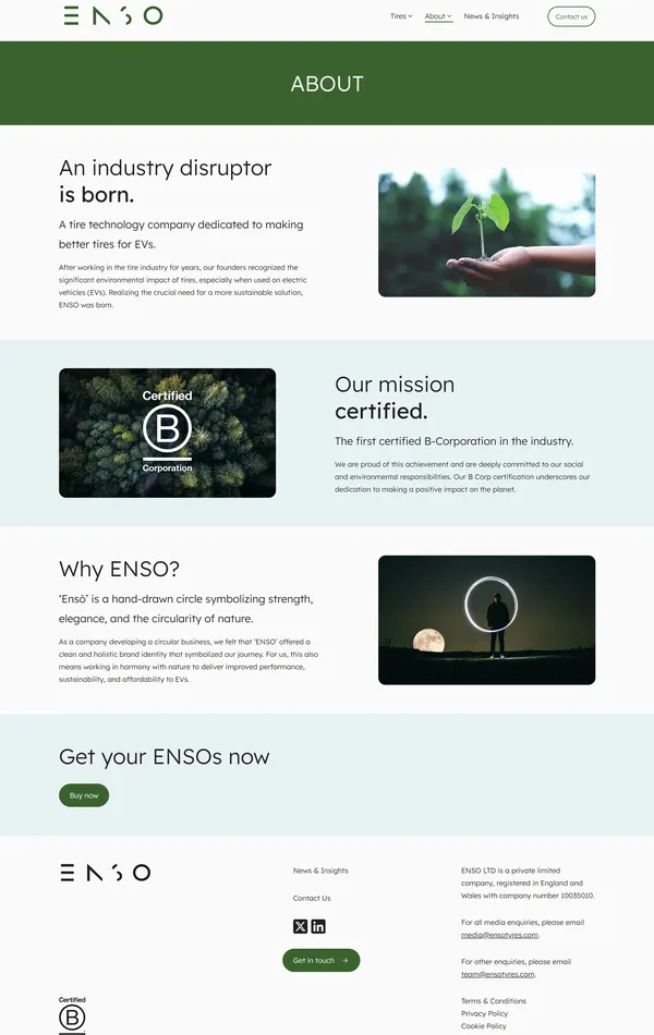 Секция «О компании» с сайта https://www.ensotyres.com/en-US, тематика — Производство, цвета — Белый, стиль — Корпоративный, типографика — Без засечек