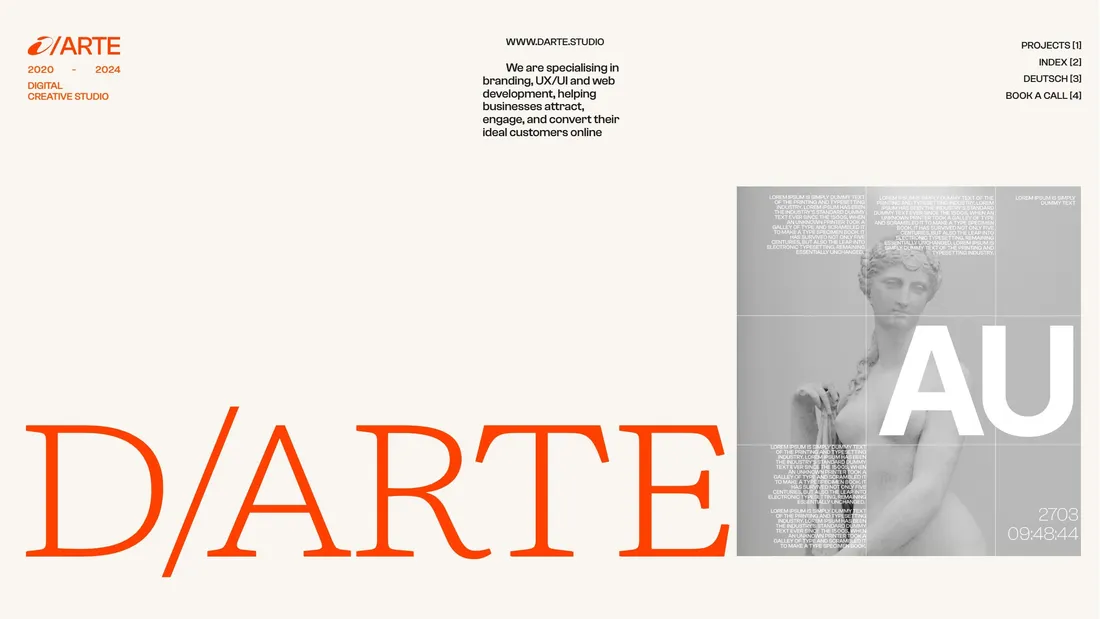 Секция «Первый экран» с сайта https://darte.studio/de, тематика — Дизайн, Агентство , цвета — Белый, стиль — Корпоративный, Минимализм, типографика — Без засечек