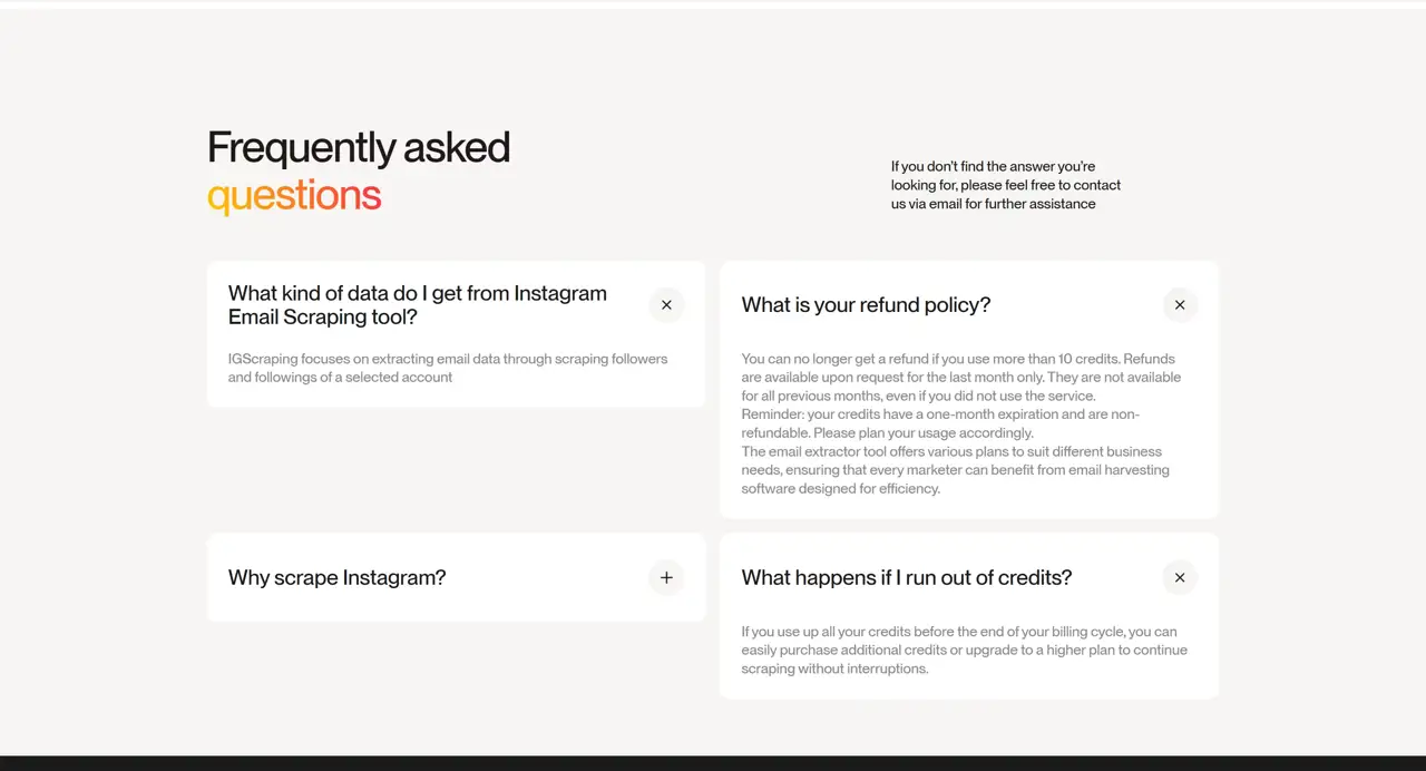 Секция «FAQ» с сайта https://www.igscraping.com/, тематика — Другое, цвета — Белый, стиль — Карточный, Минимализм, типографика — Без засечек