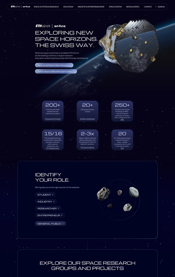 Главная ETH Zurich Space, тематика — Образование, цвета — Черный, стиль — Корпоративный, Полигональный, типографика — Без засечек