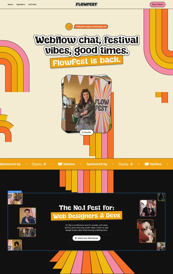 Лендинг FlowFest, тематика — Мероприятия, цвета — Белый, Черный, Оранжевый, стиль — Фестивальный, типографика — Без засечек, Декоративные