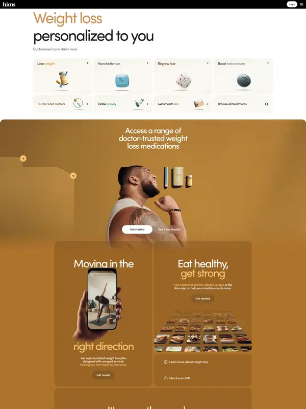 Лендинг Hims, тематика — Здоровье и фитнес, цвета — Белый, Серый, Коричневый, стиль — Карточный, Минимализм, типографика — Без засечек, Декоративные