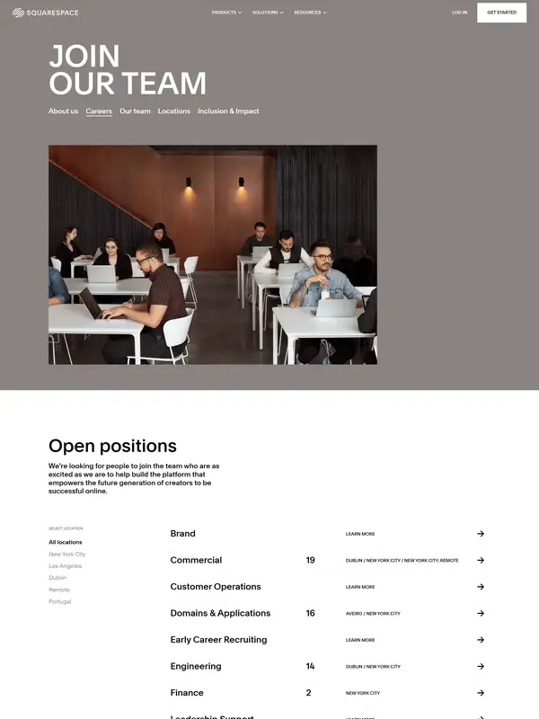 Страница карьеры Squarespace, тематика — SaaS, цвета — Белый, Черный, Серый, стиль — Корпоративный, Минимализм, типографика — Без засечек