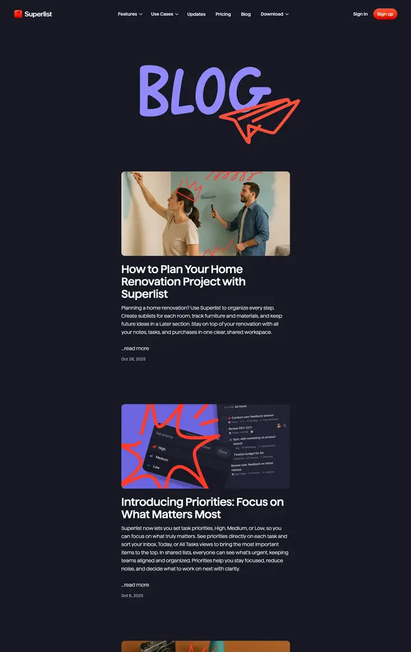 Блог Superlist, тематика — Блог, цвета — Черный, стиль — Рисованный, типографика — Без засечек, Рукописные