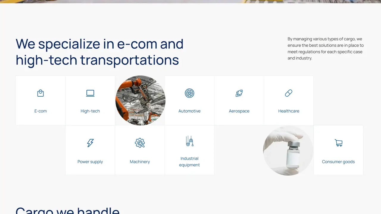 Секция «Услуги» с сайта https://aircargoapac.com/, тематика — Логистика, цвета — Белый, Серый, стиль — Корпоративный, Карточный, типографика — Без засечек