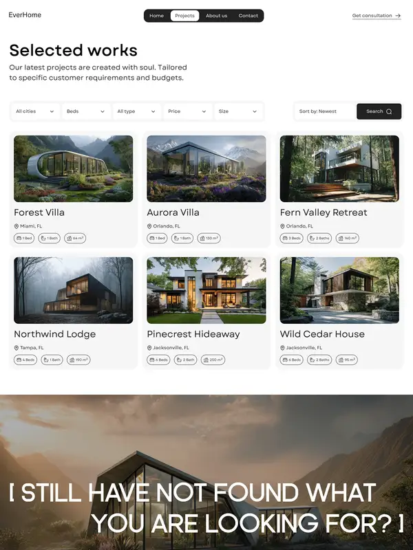 Портфолио EverHome, тематика — Недвижимость, цвета — Белый, Черный, Серый, стиль — Карточный, Минимализм, типографика — Без засечек